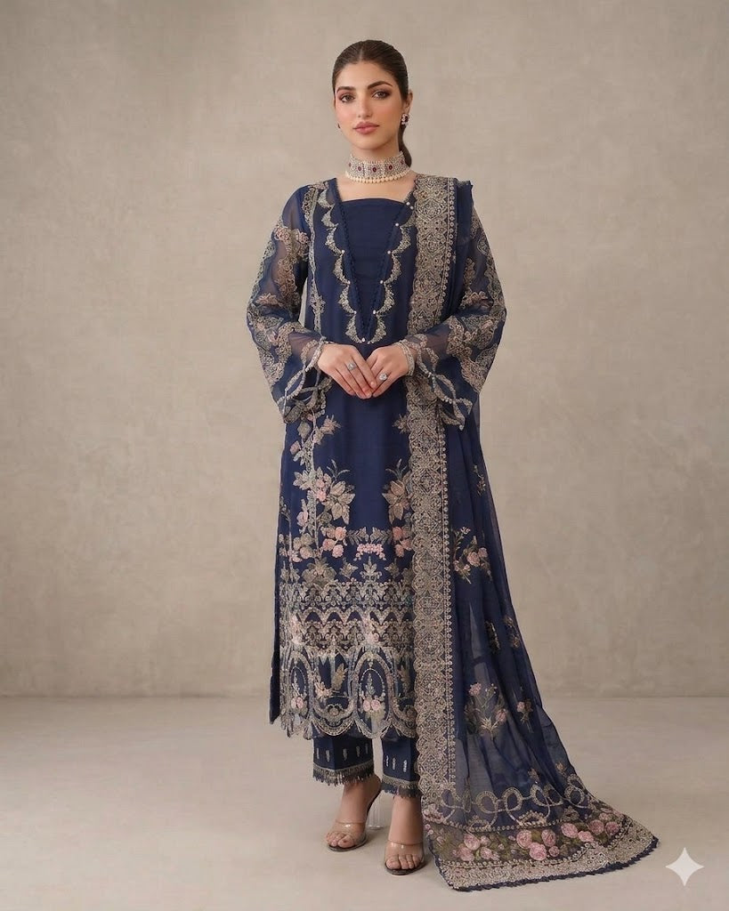 KAHF Luxury 3PC Lawn Suit Heavy Embroidery with Khadi Net Dupatta