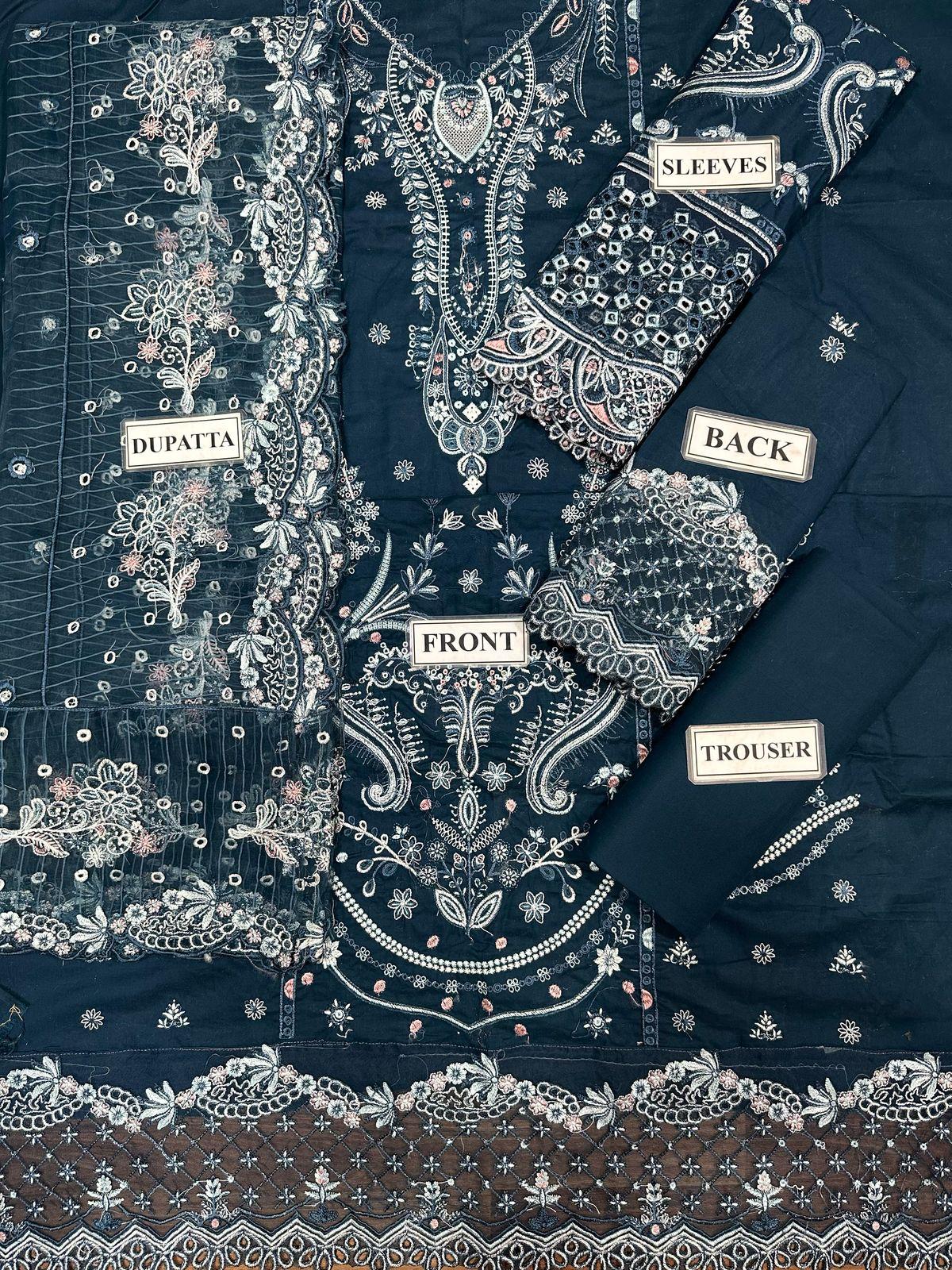 BRAND: QALAMKAR Unstitched Luxury Chikankari Embroidered Lawn Cotton 3PC with Organza Dupatta