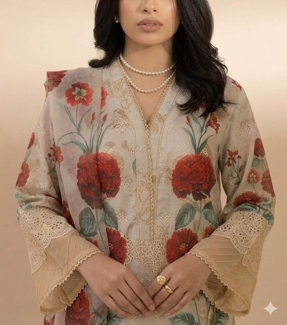 Adan Libas Lawn Digital Printed Chikankari Lawn 3 Piece Suit with Bamber Dupatta