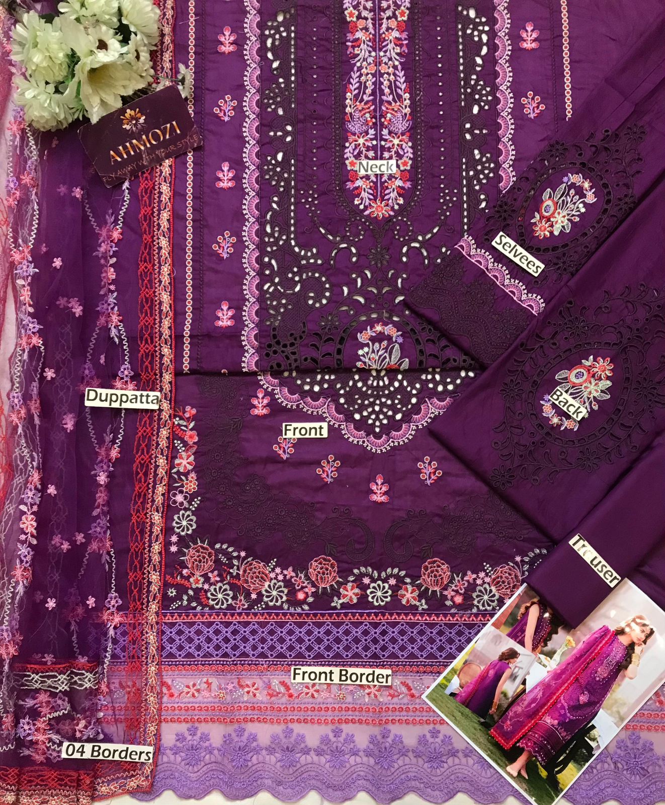 Bin Ilyas Lawn Premium Unstitched 3 Piece Suit with Heavy Chikankari Embroidery & Net Dupatta