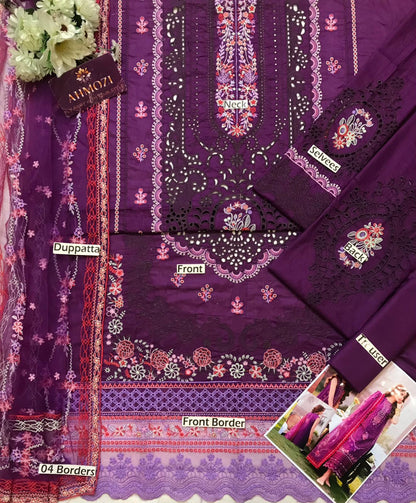 Bin Ilyas Lawn Premium Unstitched 3 Piece Suit with Heavy Chikankari Embroidery & Net Dupatta
