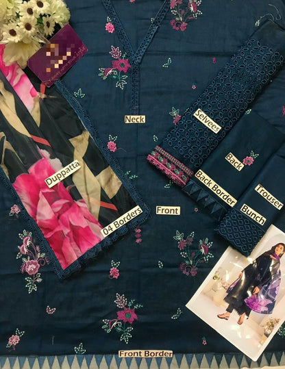 Ahmozi Iznik Lawn Unstitched 3 Piece Suit with Heavy Embroidery & Silk Digital Dupatta