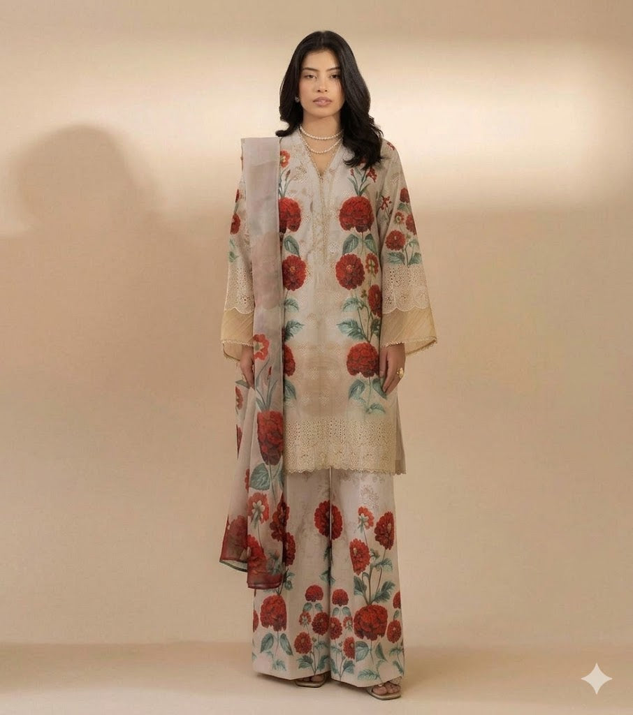 Adan Libas Lawn Digital Printed Chikankari Lawn 3 Piece Suit with Bamber Dupatta