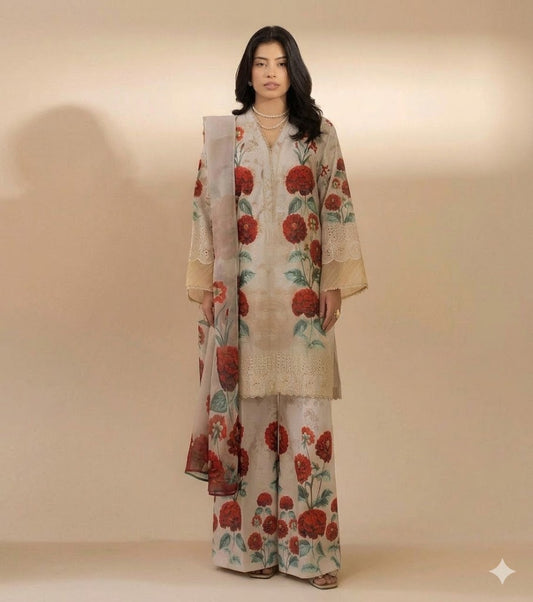 Adan Libas Lawn Digital Printed Chikankari Lawn 3 Piece Suit with Bamber Dupatta