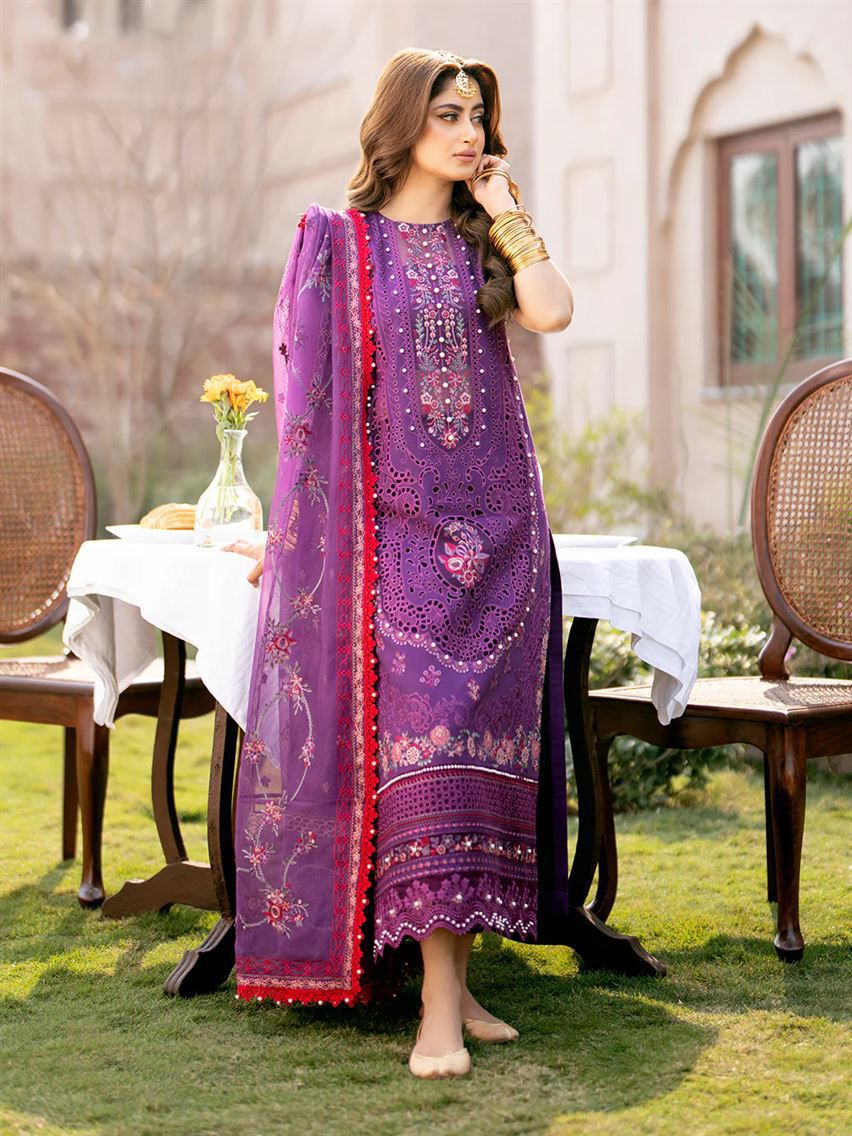Bin Ilyas Lawn Premium Unstitched 3 Piece Suit with Heavy Chikankari Embroidery & Net Dupatta