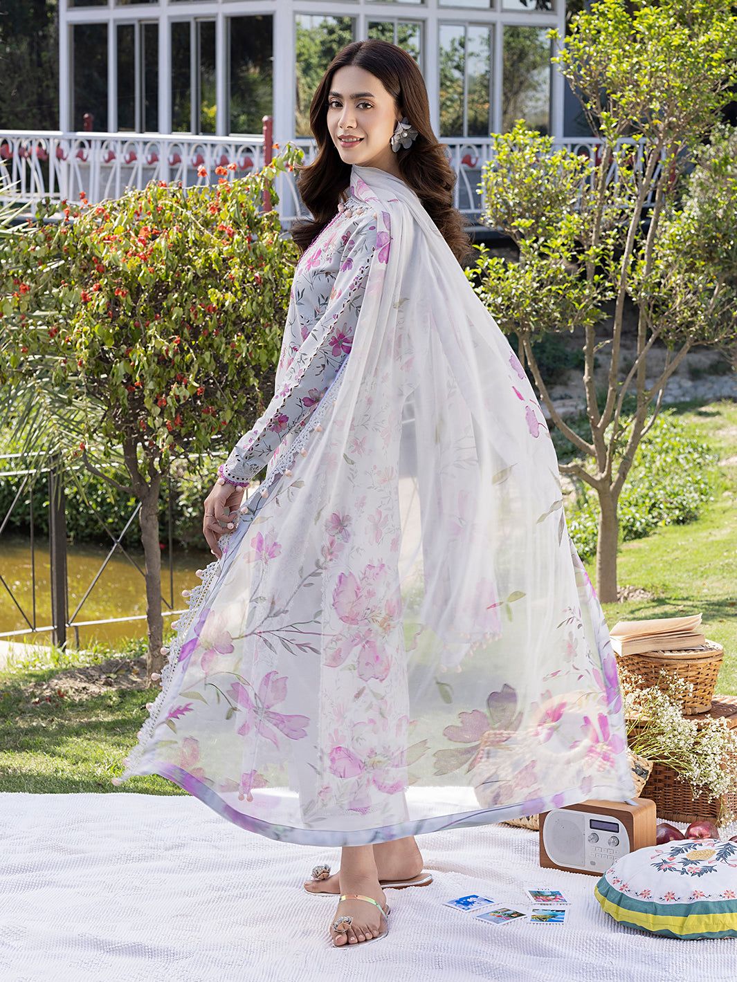 IZEL Crimson 3 Piece Suit with Chikankari Embroidery & Chiffon Dupatta