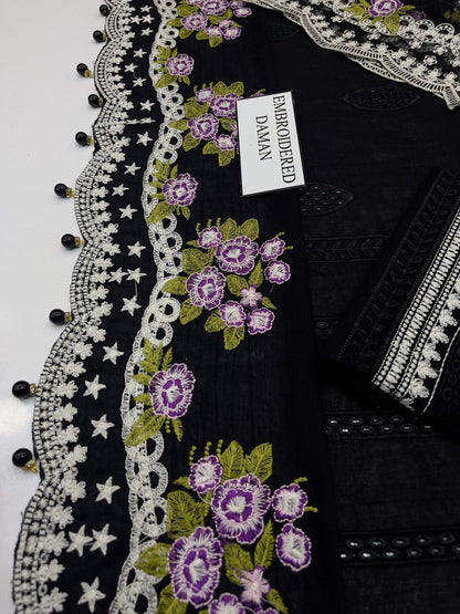 Zarqash Chikenkari Premium Lawn Schiffli Embroidered 3 Piece Suit with Chiffon Dupatta