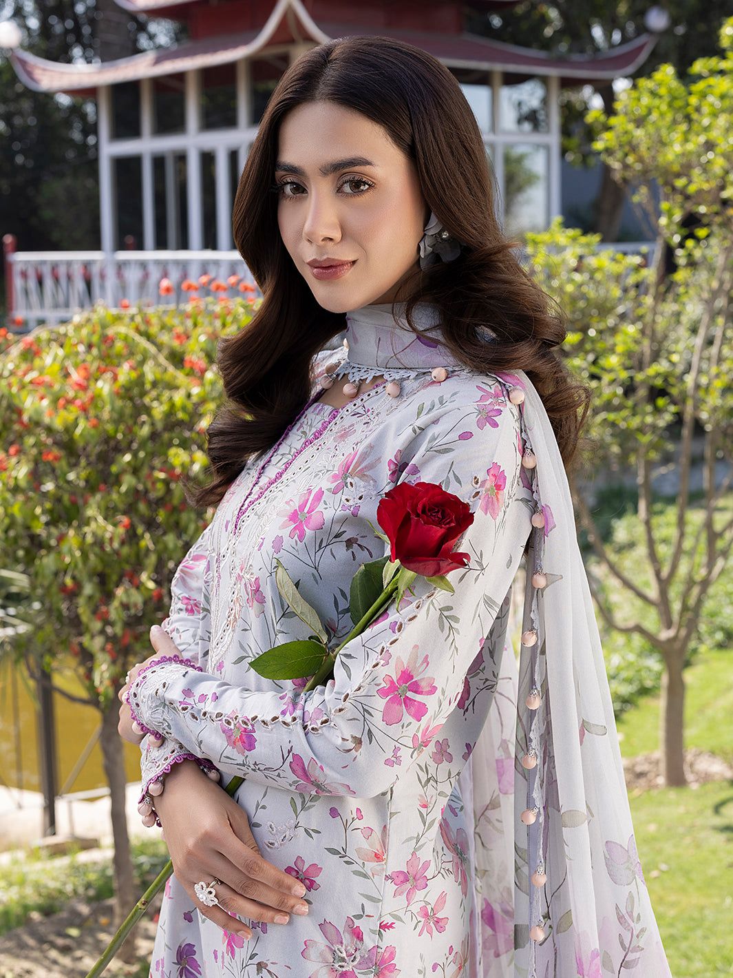 IZEL Crimson 3 Piece Suit with Chikankari Embroidery & Chiffon Dupatta