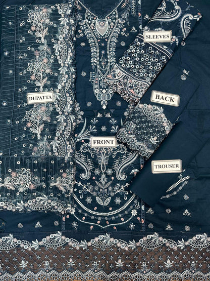 BRAND: QALAMKAR  Unstitched Luxury Chikankari Embroidered Lawn Cotton 3PC with Organza Dupatta