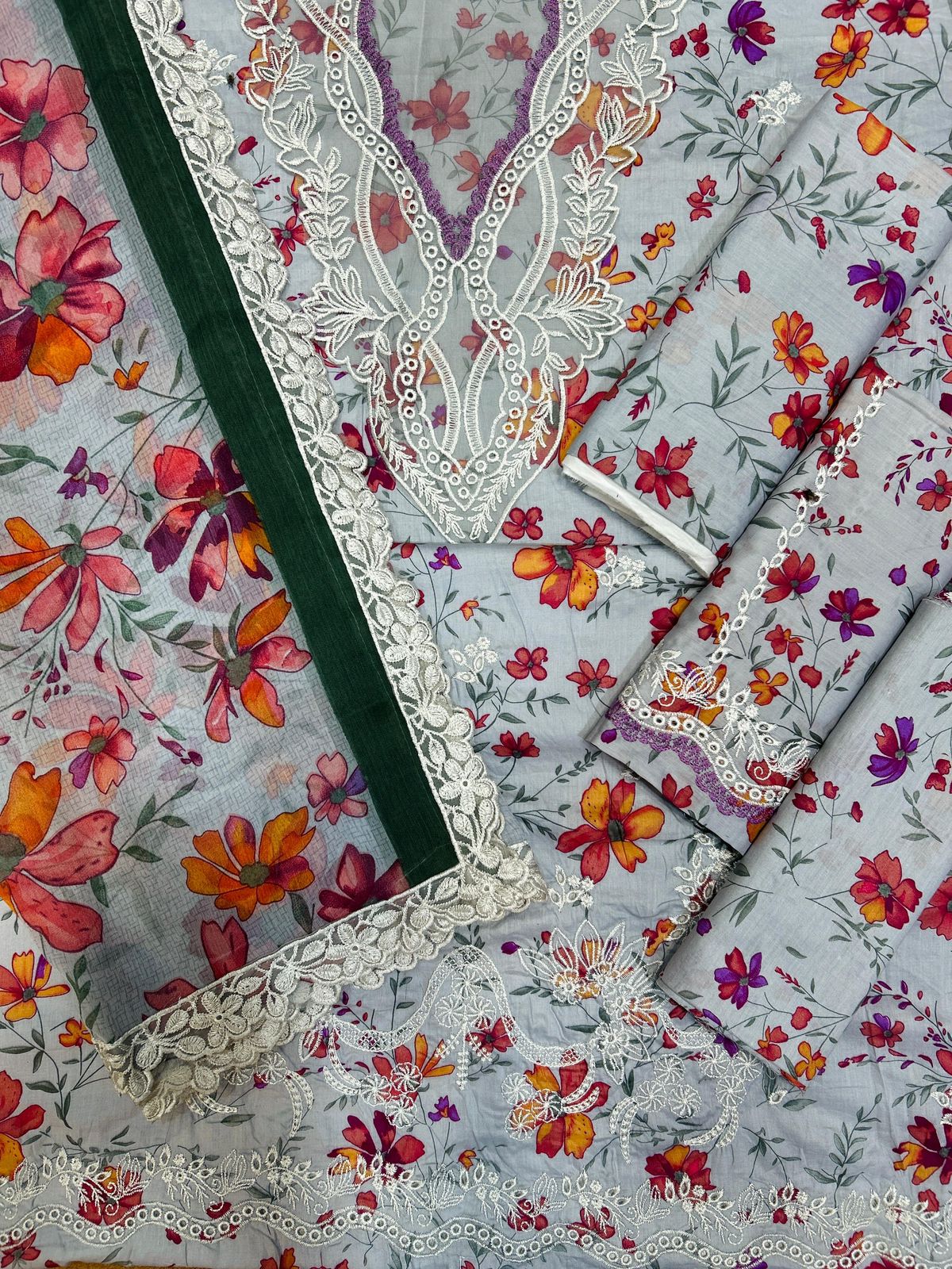 IZEL Crimson 3 Piece Suit with Chikankari Embroidery & Chiffon Dupatta
