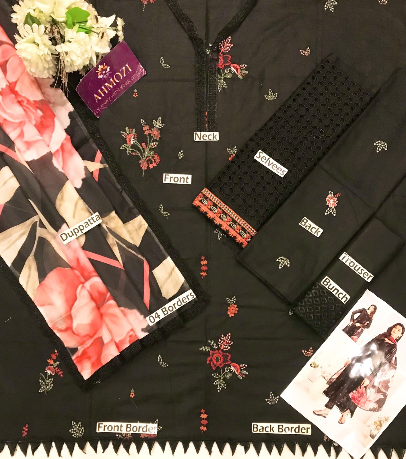Ahmozi Iznik Lawn Unstitched 3 Piece Suit with Heavy Embroidery & Silk Digital Dupatta