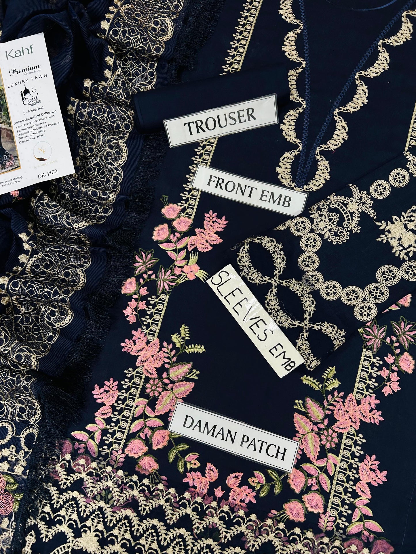 KAHF Luxury 3PC Lawn Suit Heavy Embroidery with Khadi Net Dupatta
