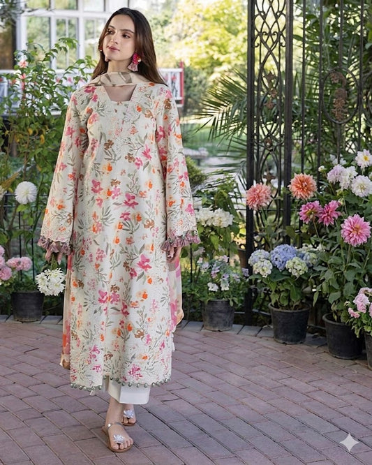 IZEL Premium Unstitched 3 Piece Suit with Chikankari Embroidery