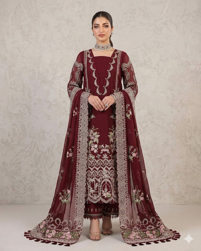 KAHF Luxury 3PC Lawn Suit Heavy Embroidery with Khadi Net Dupatta