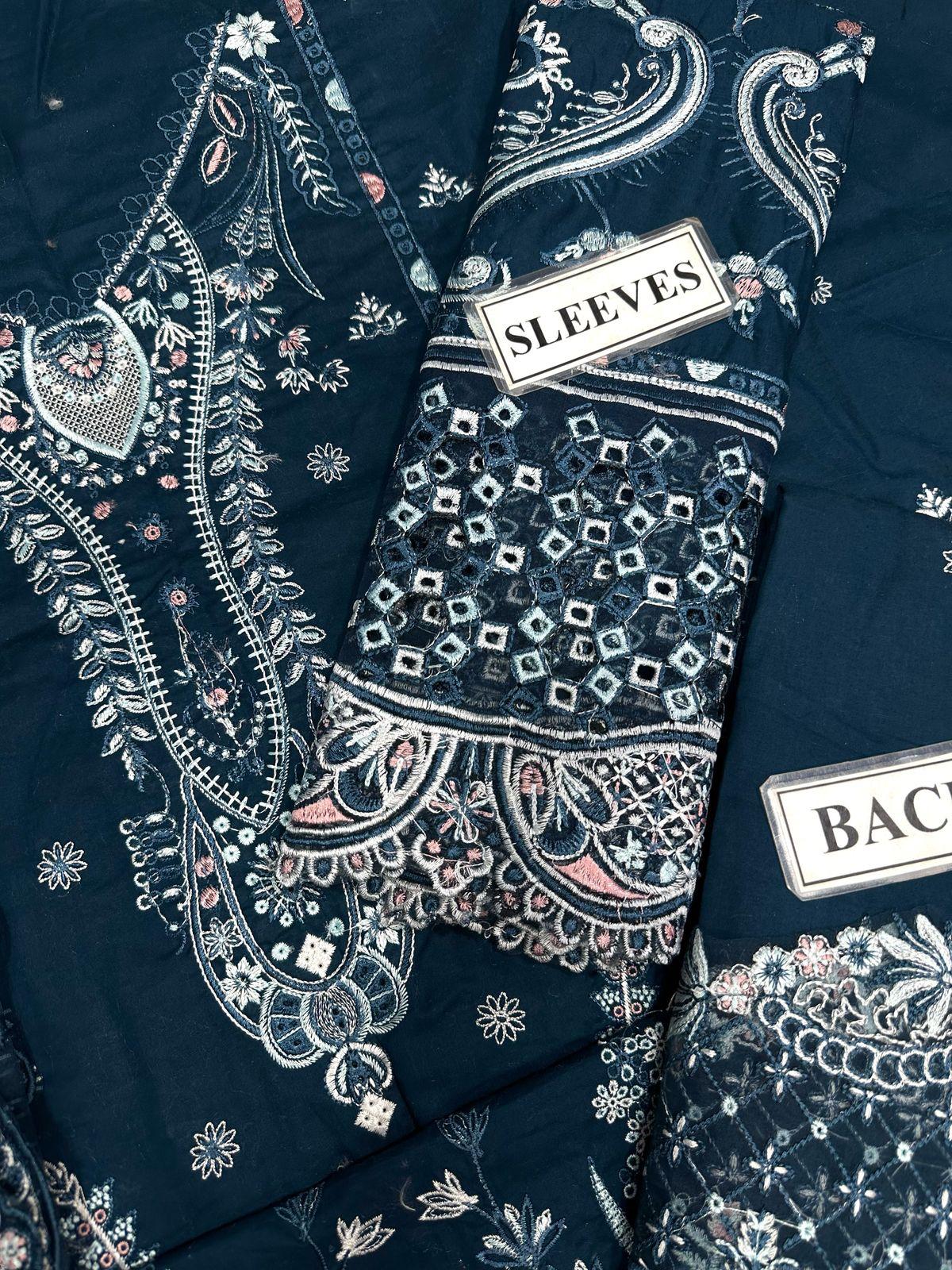 BRAND: QALAMKAR  Unstitched Luxury Chikankari Embroidered Lawn Cotton 3PC with Organza Dupatta