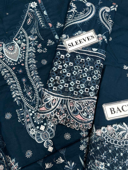 BRAND: QALAMKAR  Unstitched Luxury Chikankari Embroidered Lawn Cotton 3PC with Organza Dupatta