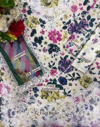 Bin Ilyas Lawn 3 Piece Suit with Chikankari Embroidery & Chiffon Dupatta